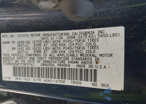 2007 Toyota Tacoma Double Cab Long Bed z USA, uszkodzony, nr VIN 5TEMU52N27Z369741